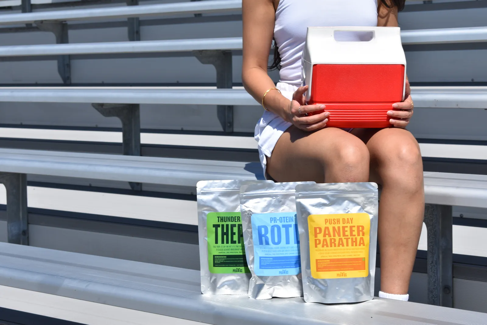 Pratus pouches lined up on stadium bleachers